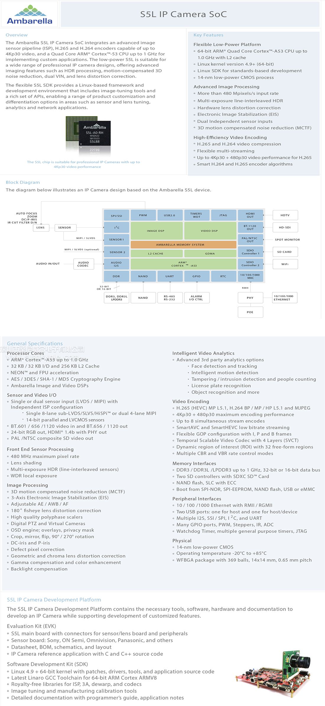 S5L33M，安霸Ambarella， ARM四核cpu，宽动态图像信号处理器，H.264,H.265编码器，ISP SoC，图像信号处理器片上系统，4K30FPS网络摄像机主控芯片，Action Camera DSP，4K视频主控，H.264 H.265压缩芯片