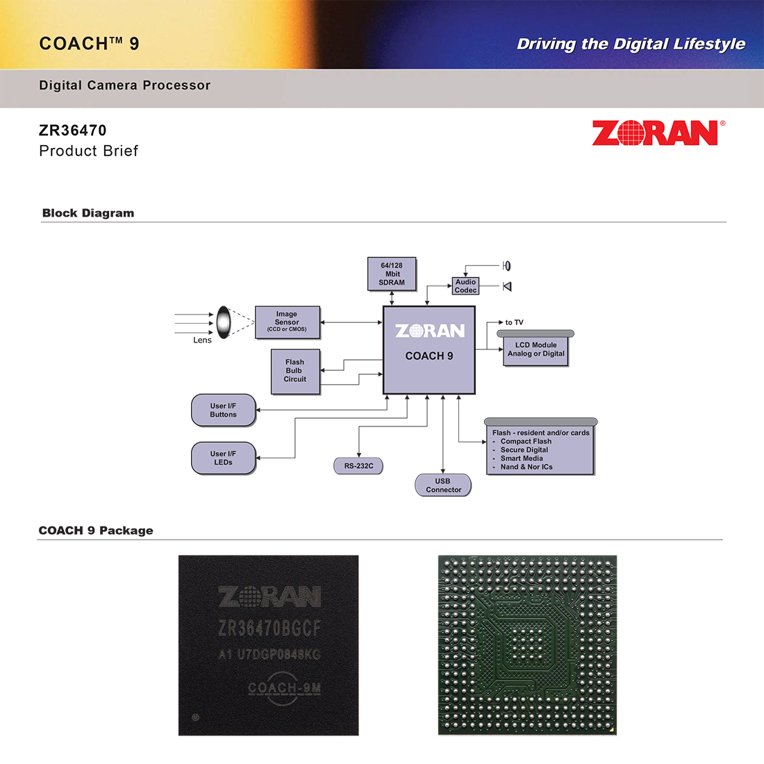 ZR36470BGCF, ZORAN COACH 9M，数码相机视频解决方案数字信号处理器,（DSP) digital signal processing IC, SUPPORT UP TO 16MP CAMERRA DSP