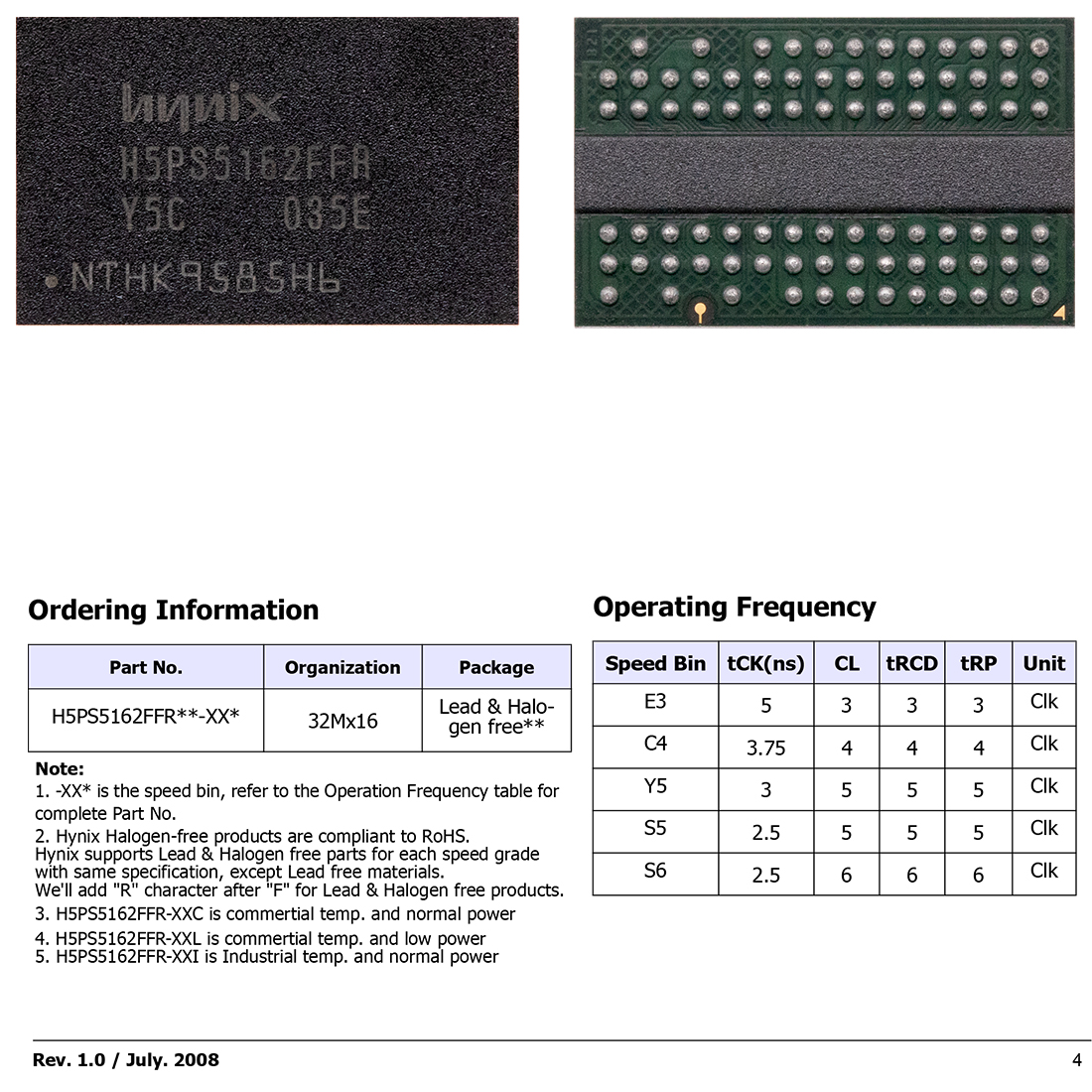 海力士内存512M DDR2,Hynix 32MX16 DDR2,H5PS5162FFR-Y5C，海力士BGA内存，Hyninx内存