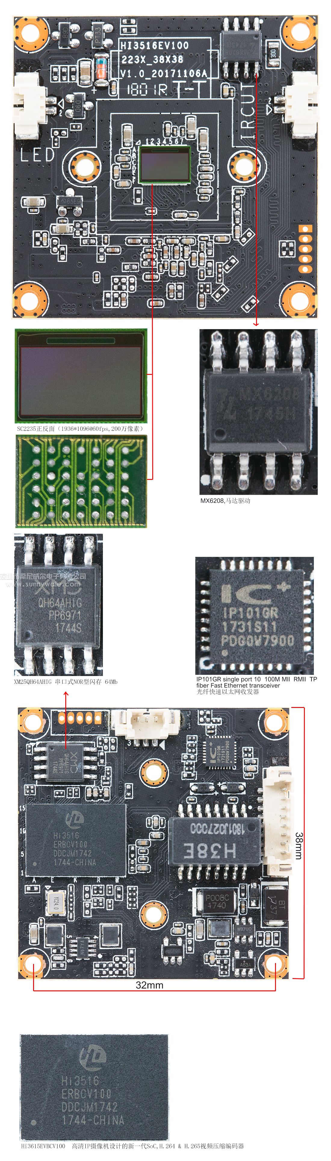 HI3516ERBCV100主控,SC2235H,MX6208,XM25QH64AHIG,IP101G，海思HI3516EV100+SC2235安防摄像机模组,32X32mm安防模组，200万像素摄像机主板，思特威图像传感器，SC2235芯片，2MP camera module,H.265压缩芯片，H.264编码器IC，海思编码器芯片